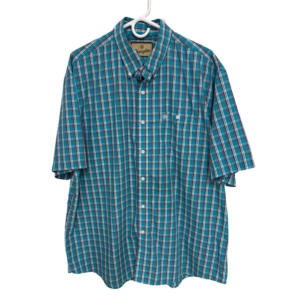 Wrangler Teal and White Plaid Short-Sleeve Button-Down Shirt